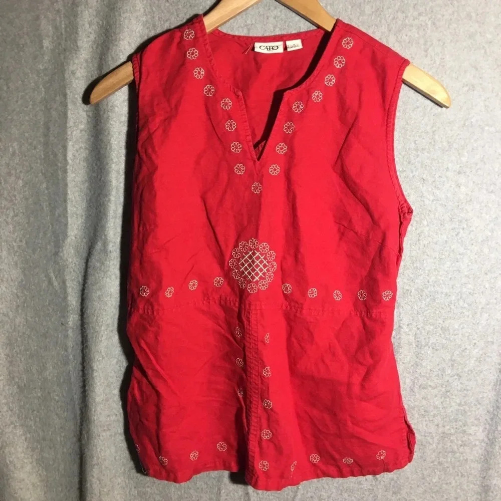 Womens Cato Tank top Blouse Red Silver Lagenlook Linen Beachy Boho Bright Casual